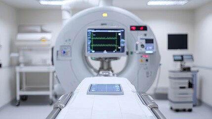 Modern medical imaging room featuring a CT scanner and monitoring equipment for advanced diagnostic procedures.