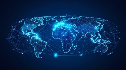 World Map with Glowing Lines and Points Depicting Global Connectivity