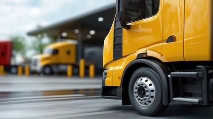 Obraz premium Semi truck parked at busy truck stop for transportation and logistics