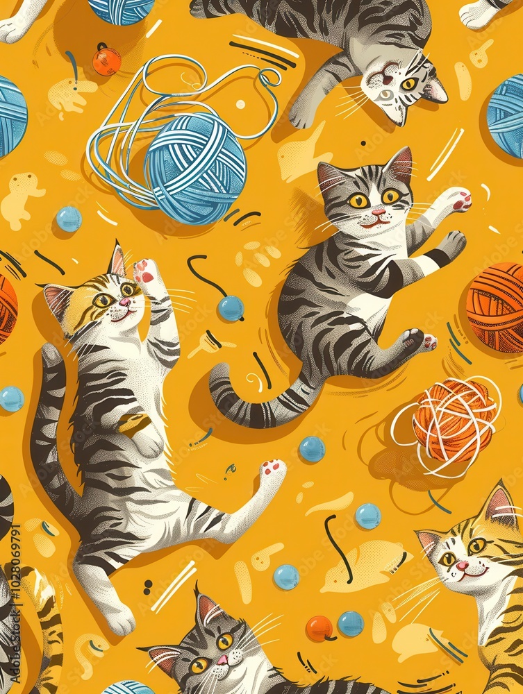 Poster cats are energetically playing with tangled yarn, colorful balls, and various toys, creating a livel