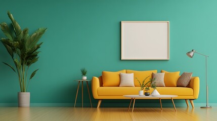A mid-century modern living room with retro furniture, bold colors, and a blank white frame above a sleek coffee table, creating a stylish space for contemporary art.