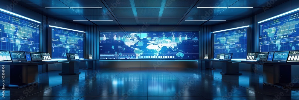 Poster the logistics control center features large screens that display delivery and route data for efficie