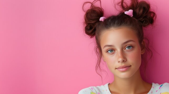 Spring beauty portrait with twin tails on pink background for fashion editorial