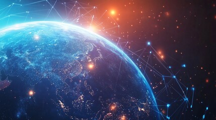Earth with Network Connections and Orange Glowing Lights
