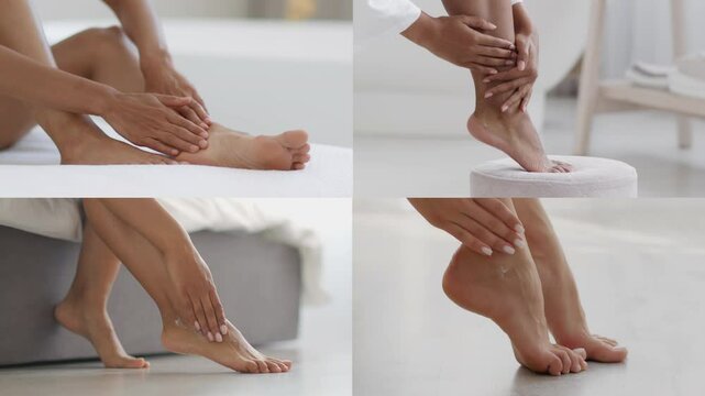 Hands gently apply lotion to feet and ankles in a bright room. The person focuses on skin care, taking time to pamper and hydrate tired feet in a relaxing morning routine.