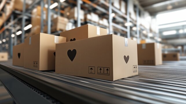 Stacked cardboard boxes on conveyor belt in warehouse setting