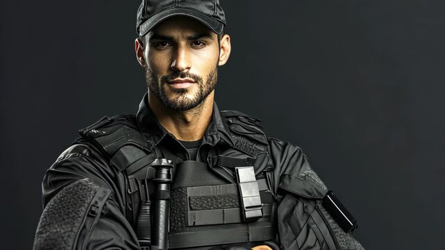 A man in a black tactical vest and cap stands with his arms crossed in front of a black background