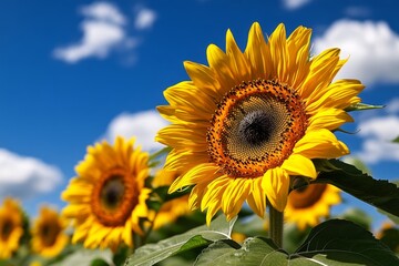 Naklejka premium A bright blue sky with fluffy white clouds, with a field of sunflowers below, their vibrant yellow petals shining under the sun, creating a perfect blend of natureâ€™s heavenly blue and sunny