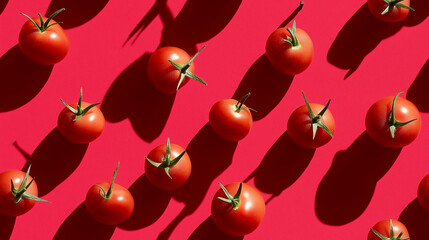a pattern of cherry tomatoes, each with its shadow, scattered across the canvas in an elegant display, with soft shadows on a vivid color background