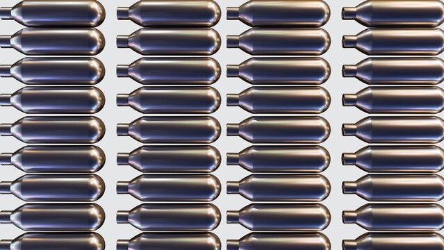 Whippets, also known as nitrous oxide chargers or nitrous oxide canisters, are small, metal cylinders containing nitrous oxide gas; 3d rendering.