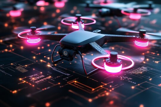 A futuristic Cyber Monday marketplace in a digital world, with flying drones delivering packages to users as they shop in a glowing, neon landscape