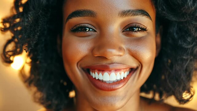 A woman with curly black hair smiles brightly, revealing her white teeth