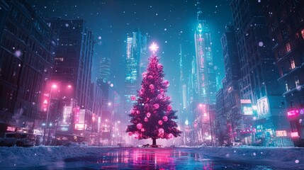 Fototapeta premium A Christmas tree glowing in electric blue and magenta, holographic ornaments reflecting the futuristic environment, set against a snowy urban landscape, Neon, Cyberpunk