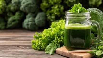Fresh green juice in a glass jar surrounded by leafy vegetables.