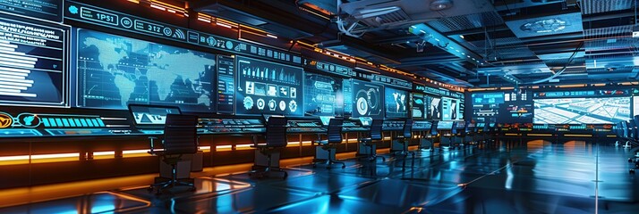 Fototapeta premium Inside a high-tech control center, large screens display critical delivery information and route data to optimize logistics management. Generative AI