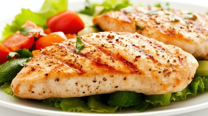 Grilled chicken fillet served with fresh vegetables on a white plate.