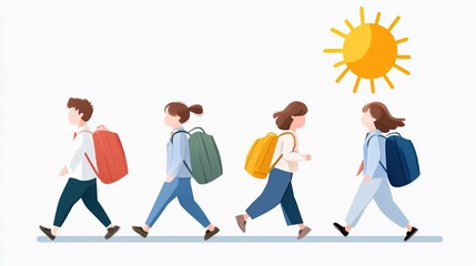 Naklejka premium Group of people walking with backpacks under a sunny sky, white isolate background.
