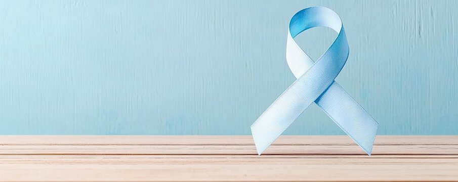 Light blue awareness ribbon on a wooden surface, promoting social causes.