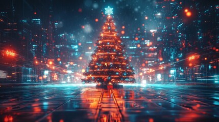 Holographic Christmas tree in a dark sci-fi environment, with pulsing garlands, floating ornaments in vibrant light, Tech, Neon, Cyberpunk, Digital Art