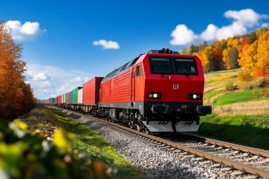 A powerful locomotive pulling a line of freight wagons, rumbling through a countryside landscape, with the rhythmic clatter of steel wheels on the tracks