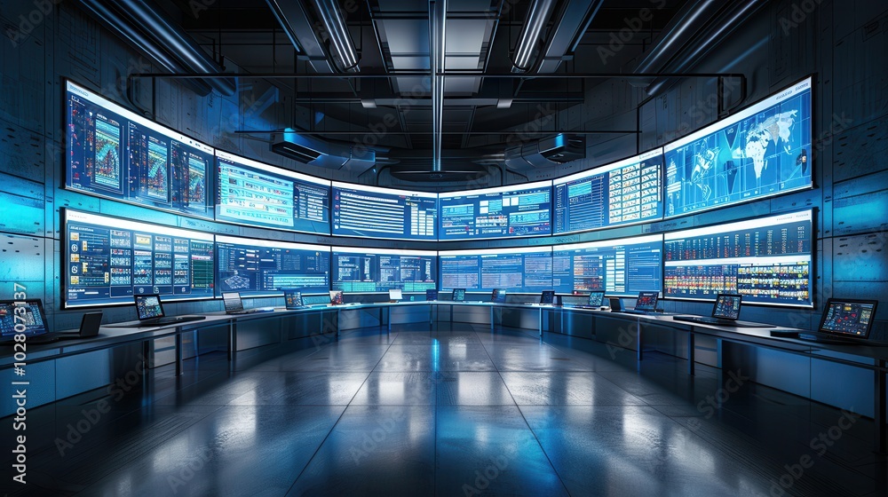 Poster operators monitor real-time delivery routes and logistics data on large screens in a modern control 
