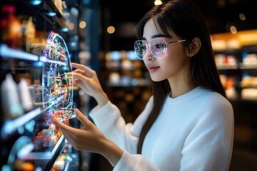 Cyber Monday in the metaverse, with users entering a virtual marketplace filled with 3D holographic products, customizing items before purchase in a fully immersive experience