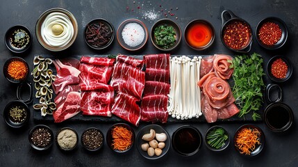 A spread of shabu-shabu ingredients, artfully arranged, watercolor style