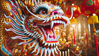 Vibrant Traditional Chinese Dragon with Intricate Details and Festive Lanterns