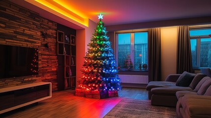 Tech-savvy Christmas tree with programmable RGB lights, casting synchronized hues of color in time with holiday tunes, set in a stylish, modern living room