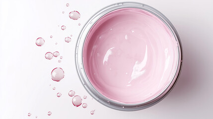top down view, the image depicts a opned paint can filled milky pink paint placed on a white background
