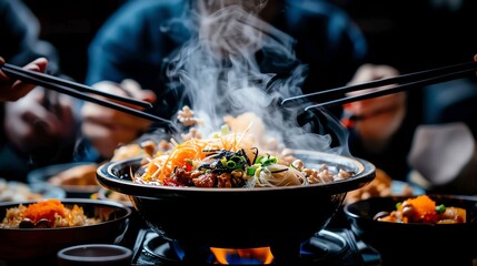 Retro ShabuShabu experience with friends in a cozy booth, colorful vintage decor and a steaming pot in the center.