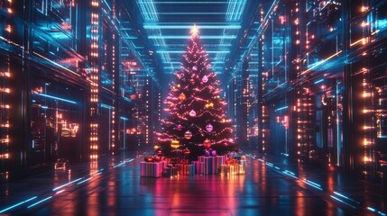 Naklejka premium Futuristic Christmas tree in a virtual world, decorated with holographic ornaments, shifting lights, and digital presents, glowing in vibrant neon colors. VR, Sci-fi, Bright neon lights