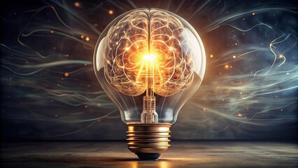 The Radiant Power of Thought - A Glowing Brain Within a Lightbulb Illuminated by a Stream of Energy