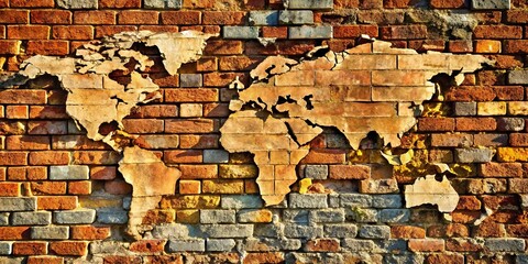 A weathered brick wall with a world map etched into the surface, highlighting the interconnectedness of our planet through the passing of time.