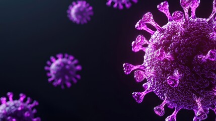 Detailed close-up of a virus with purple spikes on a dark background.