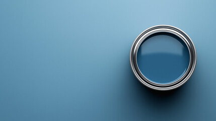 top down view, the image depicts an opened paint can filled steel blue paint placed in the center of a steel blue background
