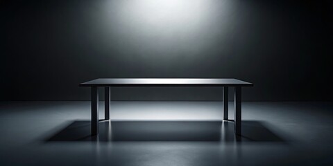 A minimalist table in a dimly lit room, a solitary spotlight illuminates the table, casting long shadows on the floor, creating a sense of calm and contemplation.