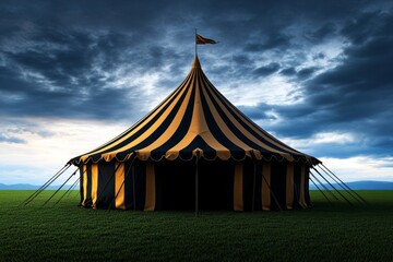 Silhouette of a circus tent, with just the iconic pointed roof and striped pattern, set against a plain background, representing the simplicity and excitement of the circus