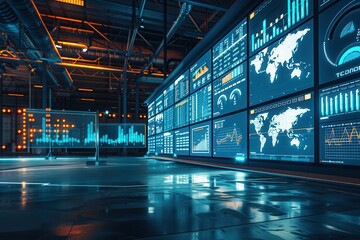 This control center features large screens displaying essential delivery metrics and optimized route information for efficient logistics management. Generative AI