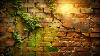 A weathered brick wall, its age evident in the cracks and crevices, showcases the tenacity of life as verdant foliage pushes through the mortar, seeking sunlight.