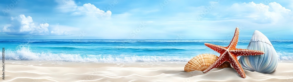 Wall mural serenity at the shore a beautiful coastal scene with shells and waves