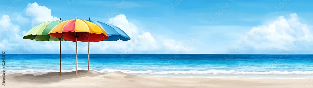 Wall mural a serene beach scene with colorful umbrellas and a tranquil ocean atmosphere