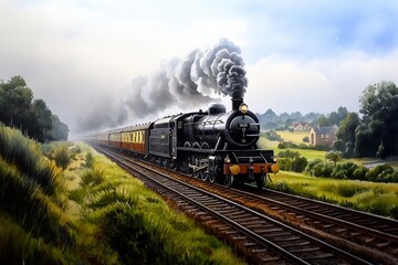 Fototapeta premium Watercolor painting of a steam train moving through a countryside, with soft washes of color capturing the trainâ€™s smoke and the lush green landscape surrounding the rails