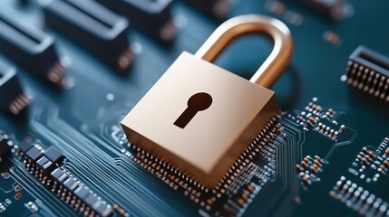 Lock on a circuit board, symbolizing cybersecurity and data protection.