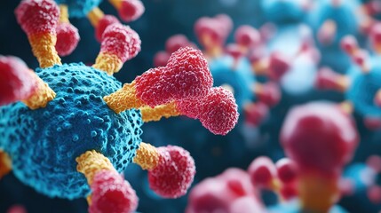 Microscopic view of colorful viruses on dark background.