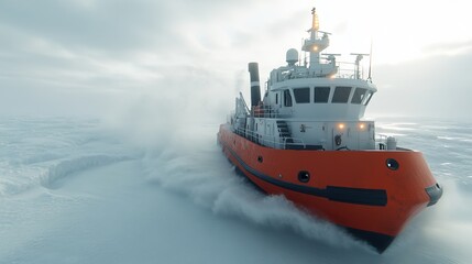 Orange icebreaker ship navigating through icy waters and cold weather.