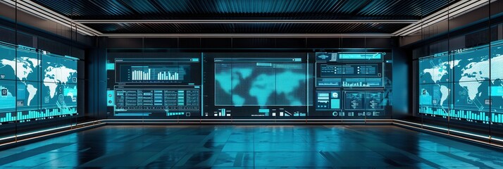 A logistics control center features large screens showing delivery data and route analytics for efficient management. Generative AI