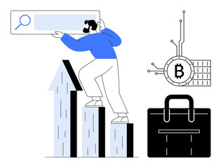 A person climbs a bar graph while holding a search bar with a Bitcoin symbol and a briefcase nearby. Ideal for financial growth, business strategy, cryptocurrency, digital search, professional