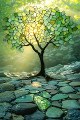 A tree made of glass pieces is shown in a rocky area. The tree is surrounded by rocks and has a green color. Concept of nature and tranquility, as the tree stands out against the rocky background
