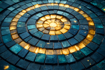 Naklejka premium A blue mosaic tile floor with yellow accents. The tiles are arranged in a circular pattern. The blue and yellow colors create a sense of warmth and coziness